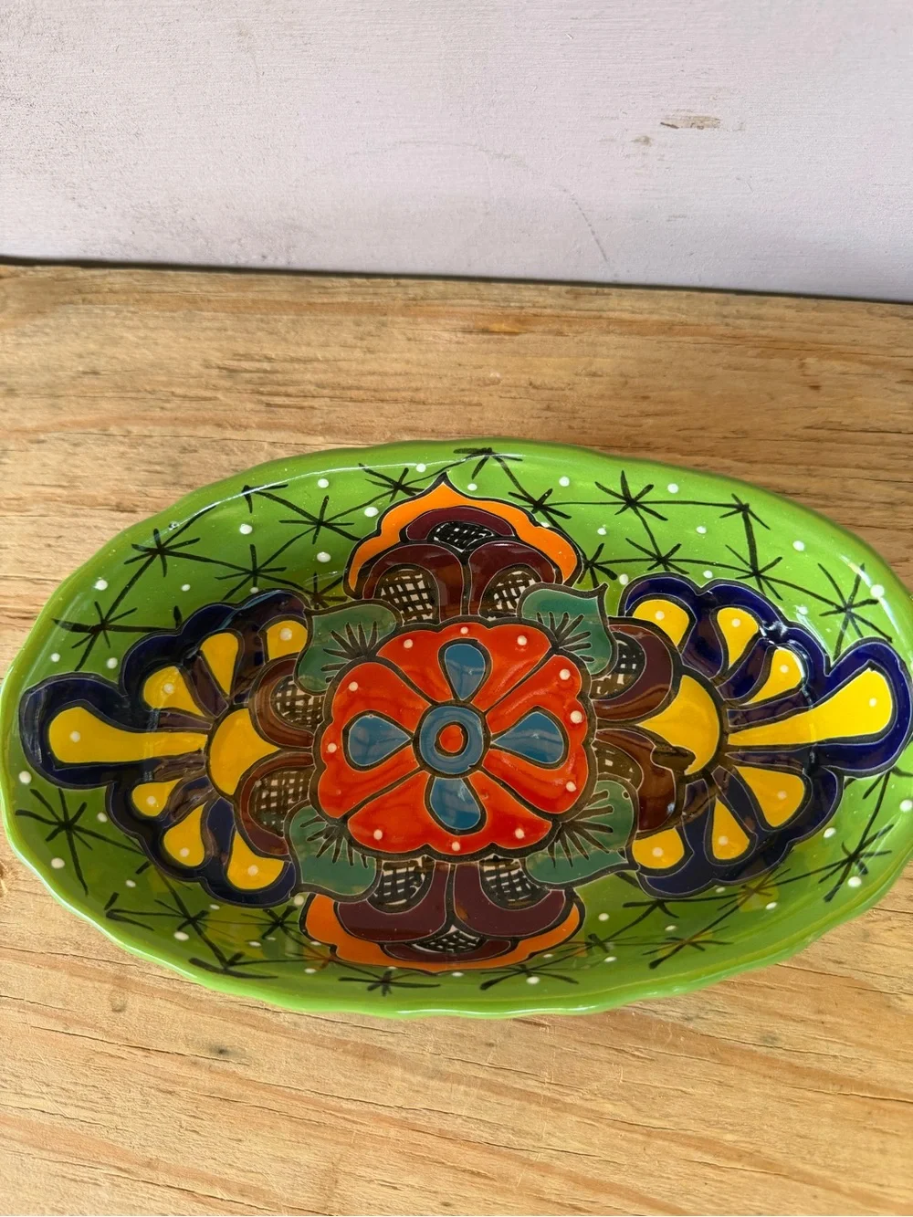 Handpainted Green Talavera-Style Decorative Bowl